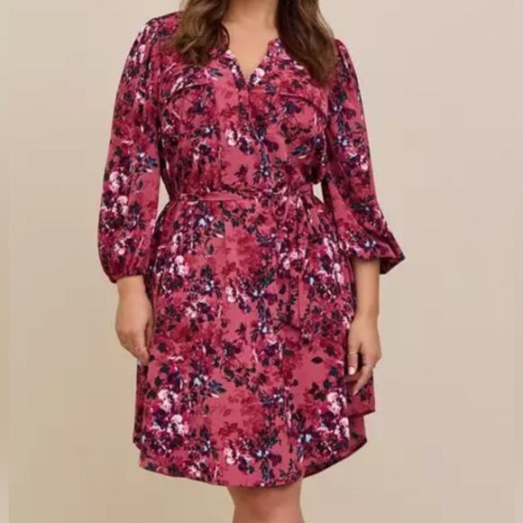 torrid Dresses & Skirts - Torrid Pink Mini Studio Crepe de Chine Shirt Dress - Floral Purple Pink - EUC 2X
